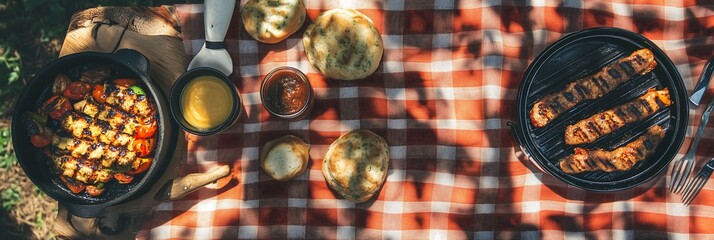 Delicious grilled meats and vegetables on a picnic table with a warm, inviting atmosphere.