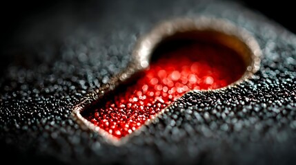 A keyhole reveals a vibrant, shimmering red light within a dark, textured surface. The contrast creates a dramatic and mysterious effect.