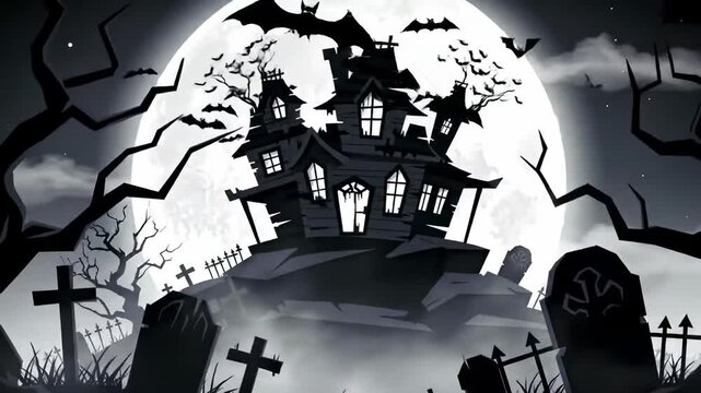 Spooky Halloween night scene with haunted house, bats, and graveyard under a full moon, creating a chilling atmosphere