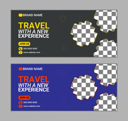 Modern tour and travel Facebook cover design and web banner template, blue & black color, perfect for travel agency. 