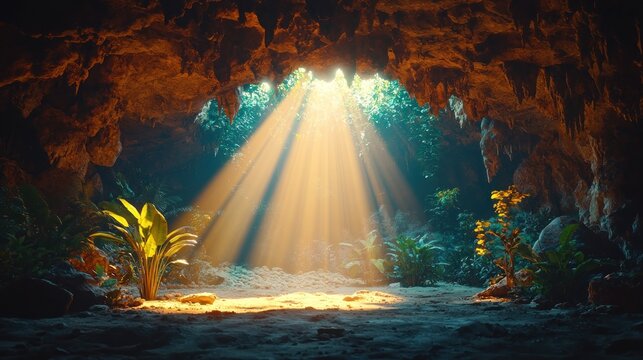 Sunlight streams into a lush cave (1)