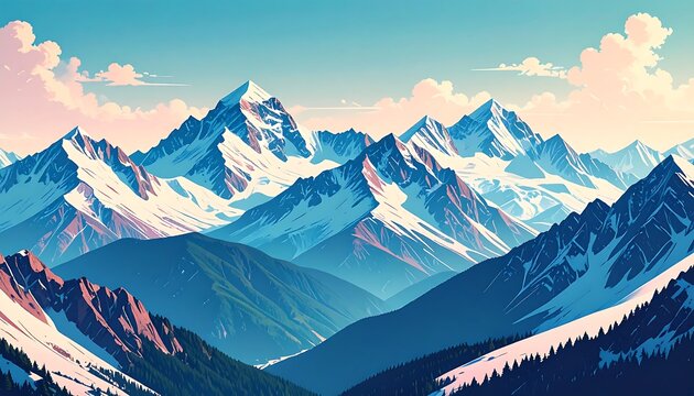 Colorful Mountain Range Panorama with Snowy Peaks.