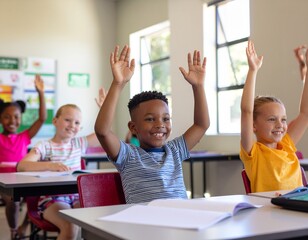 diverse group of happy school kids raising hands in classroom, authentic candid back to school moment
