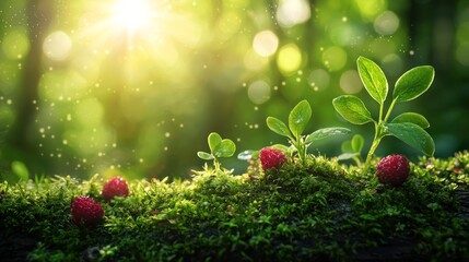 Sunlight streams through a forest, illuminating vibrant red berries nestled in lush green moss and emerging plant sprouts
