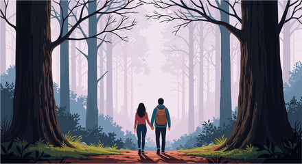 Couple holding hands walking on a forest path