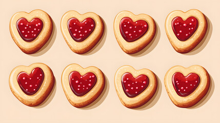 Fototapeta premium Six heart-shaped cookies with red jam filling arranged in two rows on a light beige background