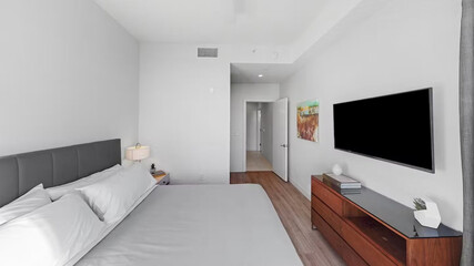 Modern luxury bedroom interior in minimal scandinavian style, 3d render