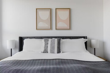 Modern luxury bedroom interior in minimal scandinavian style, 3d render