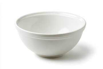 A simple white ceramic bowl isolated on a white background in a studio setting with soft shadows