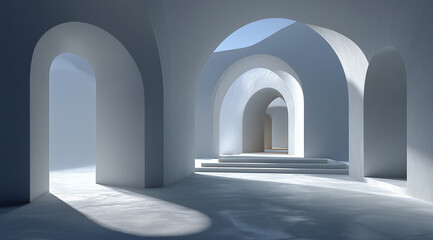3D render, abstract background with an empty room interior featuring arches and shadows on a white wall. A minimalist