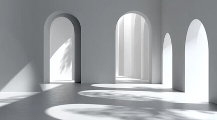 3D render, abstract background with an empty room interior featuring arches and shadows on a white wall. A minimalist