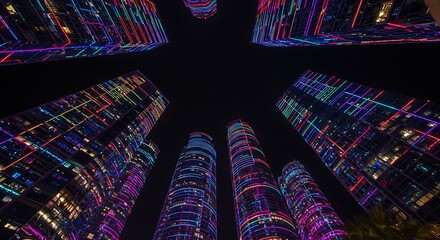 Low angle view of futuristic skyscrapers with colorful neon lights, an urban digital architecture display at night.