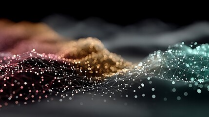 Abstract digital wave composed of interconnected nodes and glowing dots. A gradient of colors creates a dynamic, futuristic visual effect against a dark background.