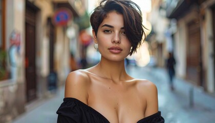 portrait of a brunette woman model with short hair and nude shoulders in the street, model photography