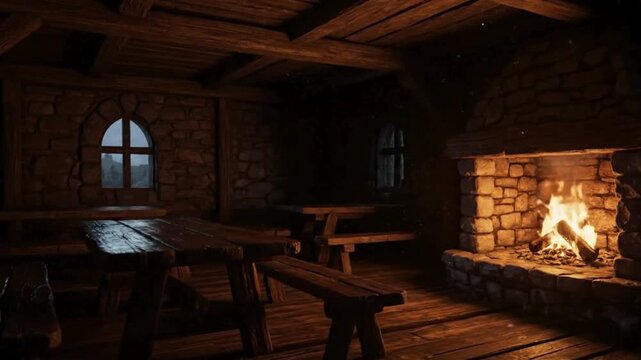 Small medieval tavern at night, fireplace crackling softly, empty wooden tables, loopable warm ambience, 4K