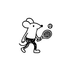 Black and white illustration of a mouse playing tennis
