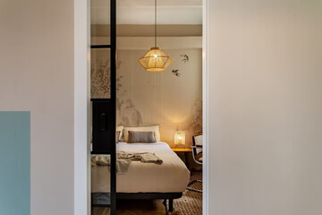 Modern luxury bedroom interior in minimal scandinavian style, 3d render
