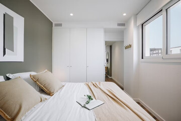 Modern luxury bedroom interior in minimal scandinavian style, 3d render