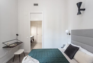 Modern luxury bedroom interior in minimal scandinavian style, 3d render