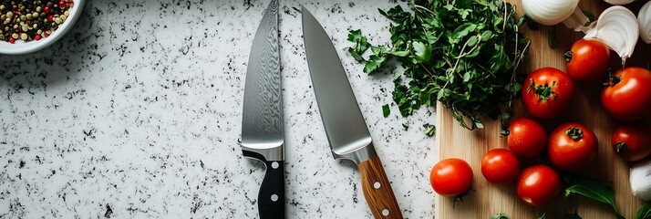 Two elegant kitchen knives placed next to fresh tomatoes and herbs on a marble countertop.