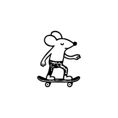Simple black and white illustration of a mouse character skateboarding