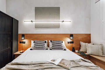 Modern luxury bedroom interior in minimal scandinavian style, 3d render