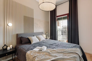 Modern luxury bedroom interior in minimal scandinavian style, 3d render