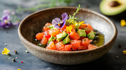 Fresh Salmon Sashimi Bowl with Avocado and Edible Flowers