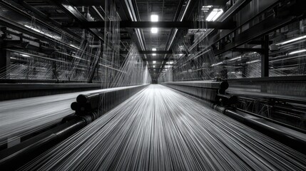 Factory Textile Weaving Thread Spools Spin, Automated Loom Process, Industrial Production