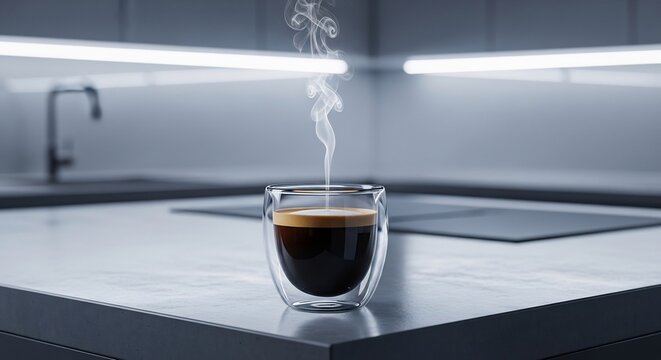 Steaming espresso shot in modern kitchen for coffee blogs, cafe promotions, or morning routine visuals. Perfect for showcasing minimalist designs. Coffee time concept.