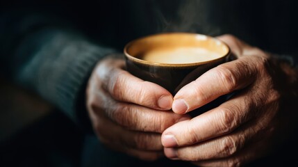 Hands holding a steaming cup of coffee.
