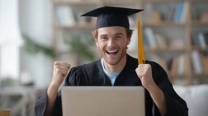 A joyful graduate wearing a cap and gown expresses excitement while seated at a desk with a laptop. The setting is a cozy indoor space filled with bookshelves, suggesting a celebratory moment