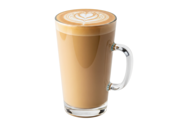 flat white coffee with latte art in a tall glass mug