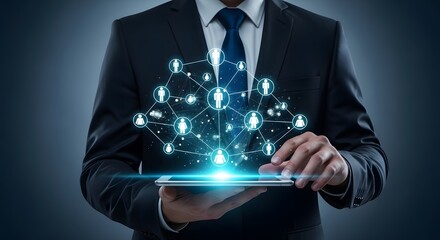 Businessman uses digital network technology on tablet to connect people globally