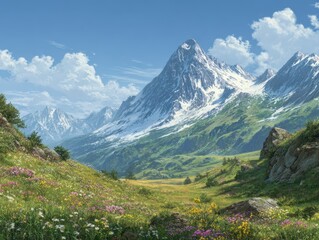 Serene Alpine Meadow with Snow-Capped Peaks and Wildflowers Under a Blue Sky, a Peaceful Mountain Landscape