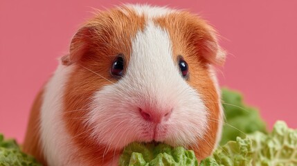 Cute guinea pig munching on fresh lettuce against a vibrant pink background in a cozy indoor setting