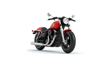 Obraz premium Classic red cruiser motorcycle with a powerful engine and chrome exhaust pipe, isolated on a white studio background. Modern chopper style bike for freedom and travel.
