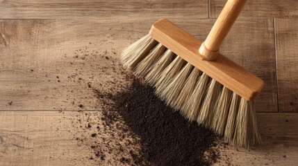 A broom is used to sweep coffee grounds off a wooden floor in a kitchen. The warm tones of the wood complement the dark texture of the spilled grounds