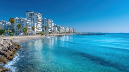 Fototapeta premium A vibrant beach stretches along the coast with palm trees lining the promenade. The clear blue water reflects the sunlight, creating a serene atmosphere perfect for relaxation
