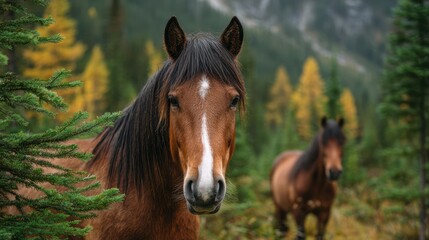 Obraz premium Majestic horses graze in a serene forest setting during autumn with vibrant foliage and a mountain backdrop