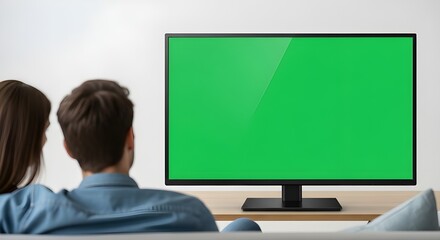 Couple watches a green screen television with a neutral background for customized content placement