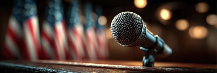 Microphone positioned in front of American flags at an indoor event during evening hours