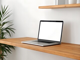 Modern Laptop with Blank Screen on Wooden Desk and Shelf