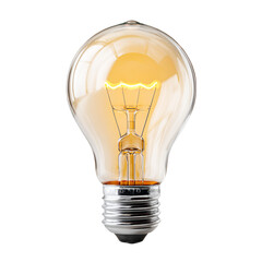 Classic incandescent light bulb with warm glowing filament isolated on transparent background