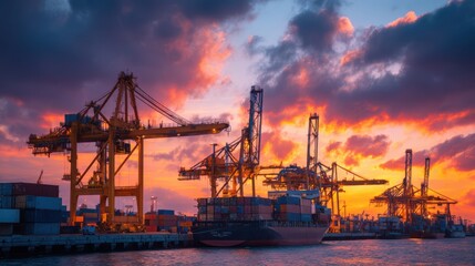 Obraz premium A bustling harbor at sunset showcases container ships docked while cranes stand tall against a vivid sky filled with orange and purple hues