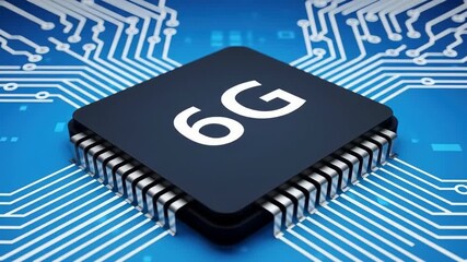 A dark chip labeled 6g rests against a bright blue background covered in circuit board patterns technology symbolizing advanced wireless communication networks - Powered by Adobe