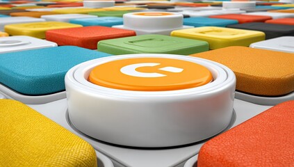 Close-up of colorful, textured square and round buttons with a central orange button