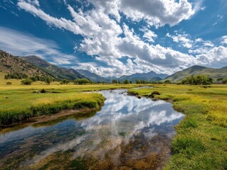 Serene Meandering Stream in Bayanbulak's Verdant Meadows, Mirroring Azure Skies and Wispy Clouds - A Tranquil Pastoral Landscape