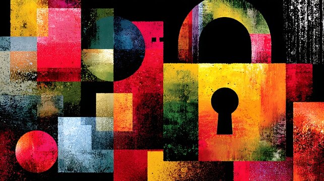 A colorful abstract painting with a lock in the foreground and a keyhole in the background, set against a black background with a textured pattern. - Powered by Adobe