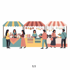 Flat vector illustration of a vibrant outdoor street market with people shopping at colorful stalls.